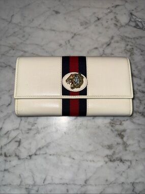 Gucci White Leather Wallet with Red and Blue Web Stripe and Tiger Emblem